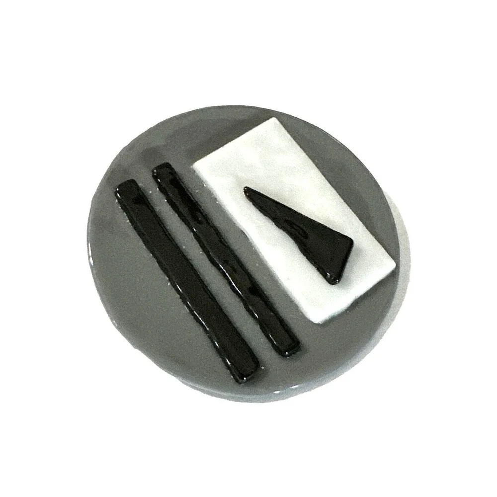 Vintage MCM Modernist Brooch Artisan Abstract Glass Pin Gray White Black 1.75